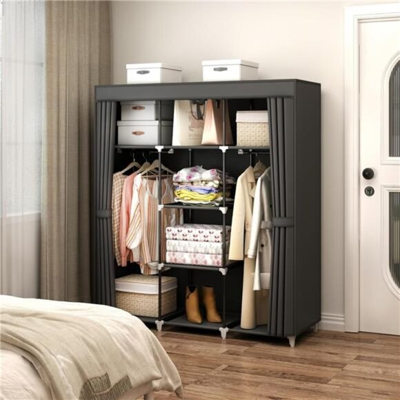 Portable Closet Wardrobe, 51-Inch Clothes Organizer with 2 Hanging Rods - Picture 6 of 8